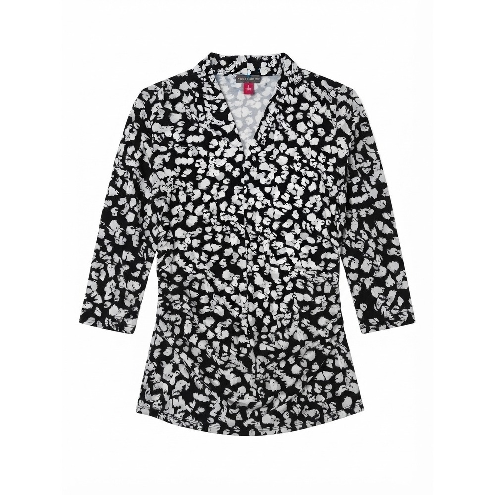 Vince Camuto Black White Animal Abstract Print Ruched Side 3/4 Sleeve Top Small